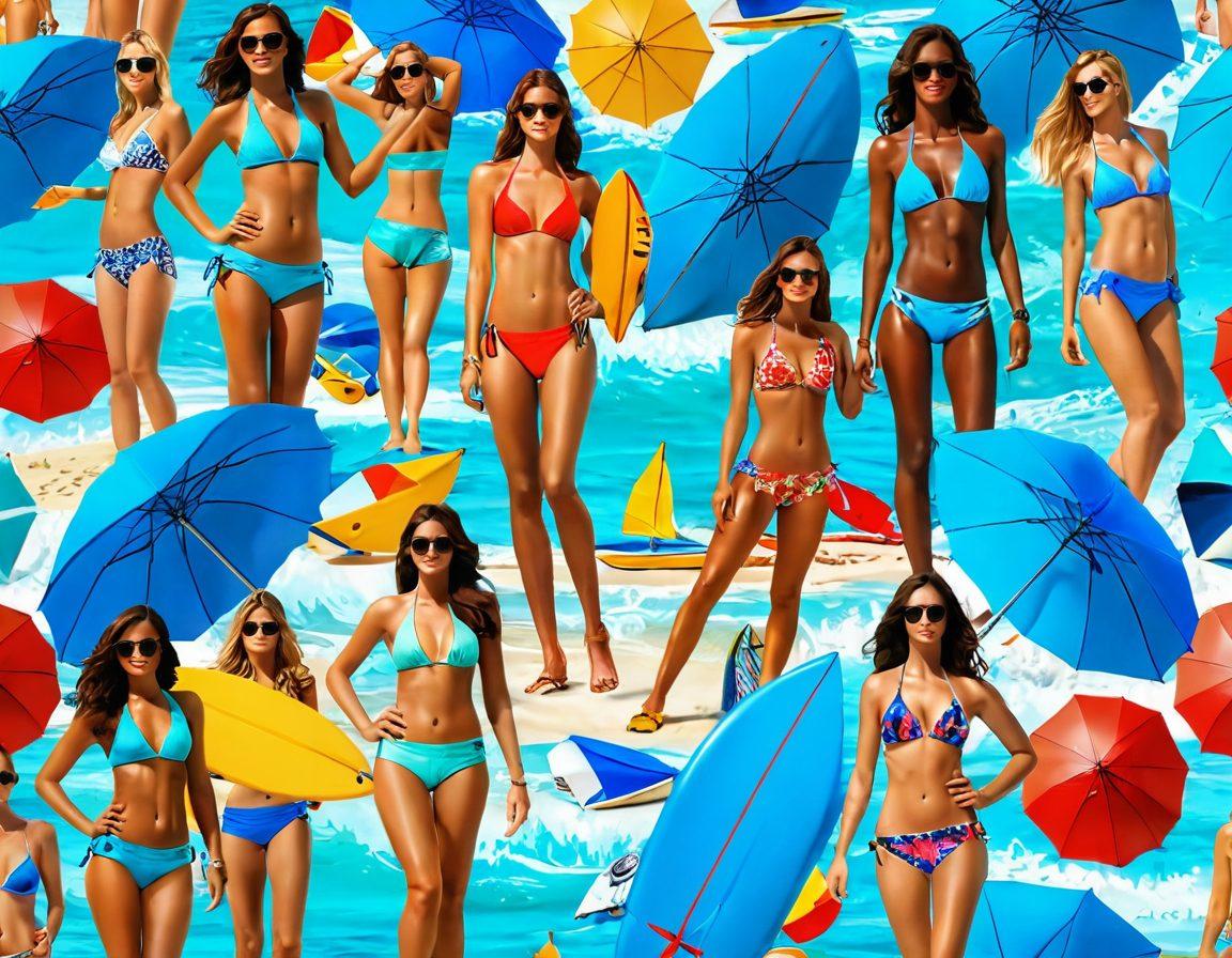 A vibrant beach scene showcasing a variety of trendy aquatic fashion, featuring models in colorful bikinis and stylish boardshorts. The beach is filled with sun, surfboards, and beach umbrellas, enhancing the lively atmosphere. Include a bright blue ocean in the background and playful beach accessories scattered around. Capture the energy and excitement of summer fashion. vibrant colors. super-realistic.