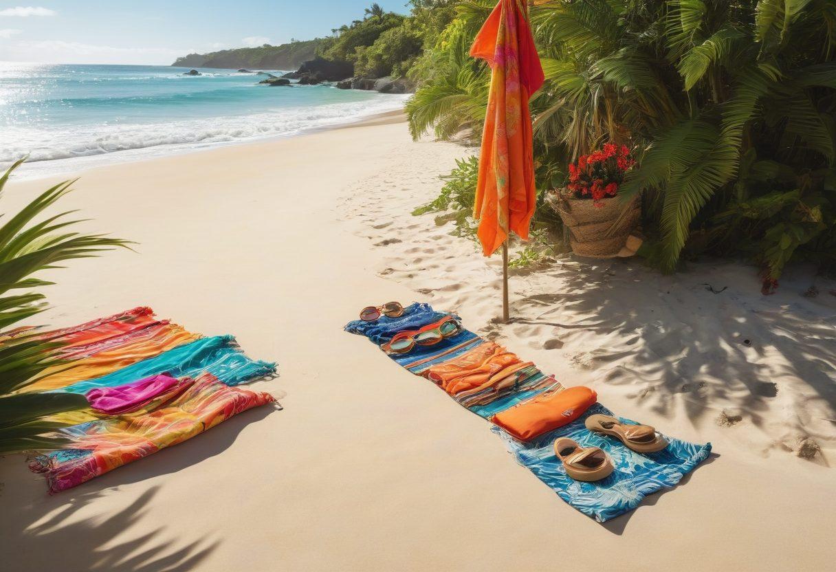 A stylish beach scene featuring a diverse group of people showcasing vibrant beachwear and trendy swimsuits, accessorized with colorful sarongs, oversized sunglasses, and chic beach bags. The sun is shining brightly, creating a warm, inviting atmosphere with footprints in the sand leading to the sparkling ocean. Lush tropical plants surround the area, adding to the summer vibe. Illustrate a sense of fun and fashion at the beach, capturing the essence of summer trends. vibrant colors. super-realistic.